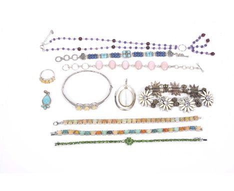 A collection of silver and costume jewelleryTo include and opal and silver line bracelet (Qty)