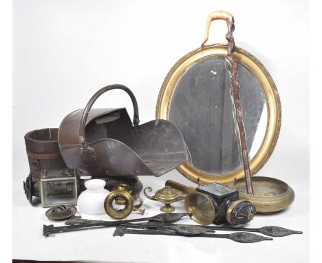 A copper helmet coal scuttle, 19th Century With swing handle, two carriage lamps, twisted handle wooden walking stick, brass 