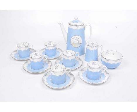 A 1930's Copeland Spode fifteen piece coffee set Decorated with a trio of gulls in flight on extensive sky blue ground, with 