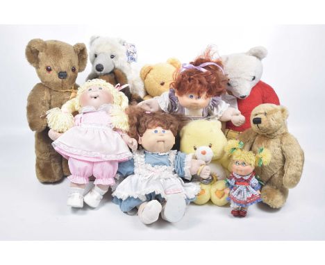 A large collection of soft toysTo include 'care bears', 'Rupert bear' by Tebro, Cabbage Patch dolls, etc.