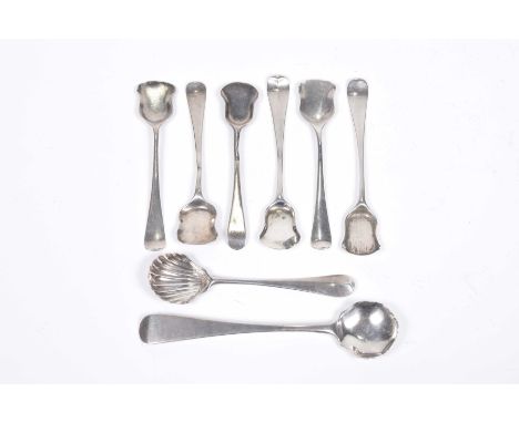 A matched set of six early 19th century silver spoonsPossibly salt shovels, one scratched engraved 'R' over 'E*H' another scr