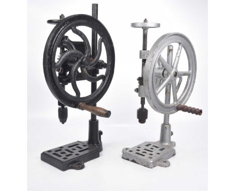 Two vintage manual operated pillar drills, early/mid 20th Century The drills approximately 85cm high, with adjustable height 