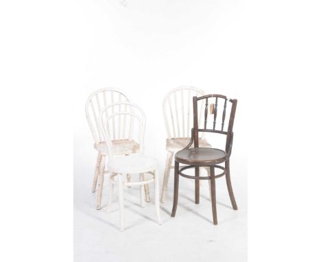 Two Bentwood kitchen chairs and two painted kitchen chairsTo include a painted Bentwood chair with a curved back rail, a seco