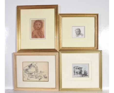Four assorted French school drawings and sketches, 19th/20th Century To include a small monochrome sketch of a male figure, 7
