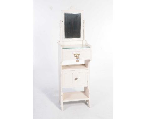 A painted late Victorian shaving standHaving a rectangular bevelled mirror supported on two ring turned uprights above a sing