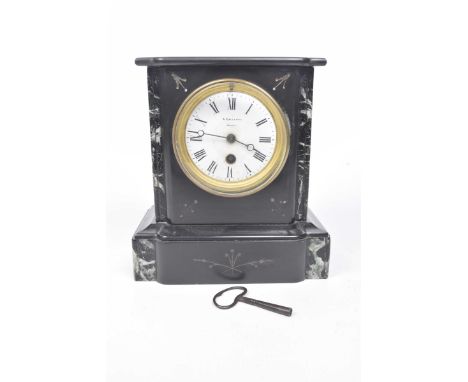 A black slate and marble mantle clock, late 19th/early 20th Century The 9cm white enamel dial, with roman numerals, marked A.