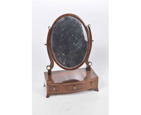An Edwardian mahogany inlaid apprentice piece dressing swing mirrorThe domed base raised on bracket feet with one long and tw