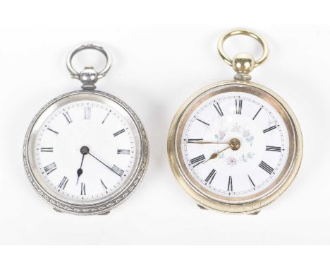 A white metal and a gold plated ladies fob watchThe white metal example with chased decoration and a vacant cartouche, the go