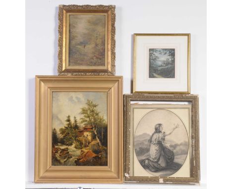 A collection of various prints and picturesTo include a 19th Century monochrome etching, a 19th Century watercolour initialle