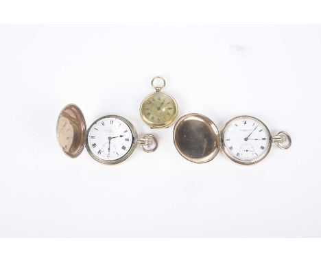Three gold plated pocket watchesThe first a full hunter with a white enamel dial signed Russell & Son, the second similar poc
