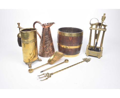 A brass bound miniature oak barrel, early 20th Century Height 22cm, diameter 24cm, copper crocodile style decorated jug, two 