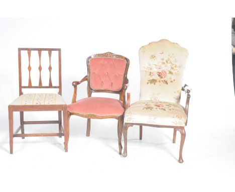 Three assorted chairs To include a French style elbow chair with a button back and serpentine seat, a Queen Anne style open e