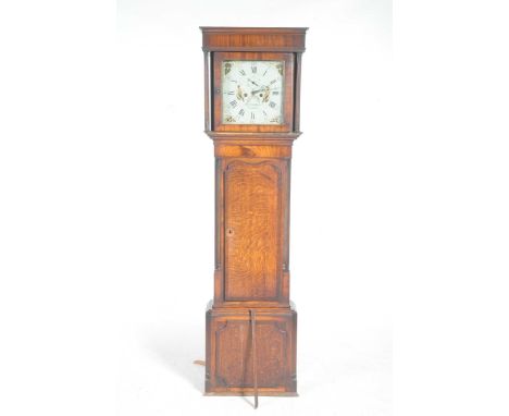 A George III oak and mahogany cross banded long case clock by Thomas Leadbeater, SandbachHaving a plain frieze above two slen