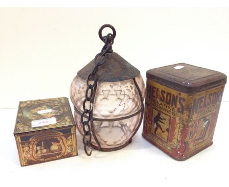 2 OLD TINS AND LAMP