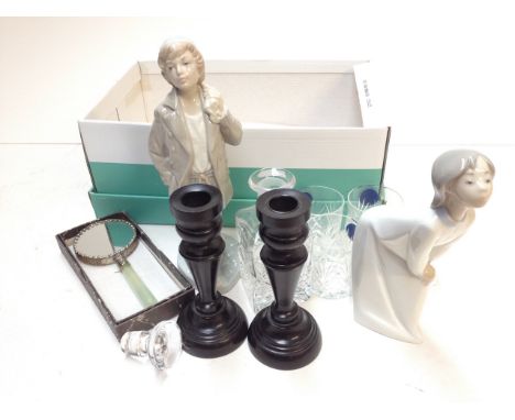 BOX INC. A LLADRO FIGURE, A NAO FIGURE, A PAIR OF EBONY CANDLESTICKS, AN EASTERN HAND MIRROR AND A SMALL DECANTER SET