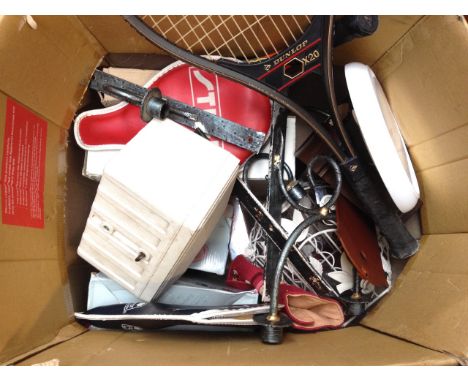 BOX OF MISC.-CLOCKS, TENNIS RACQUETS, BOSE SPEAKER ETC