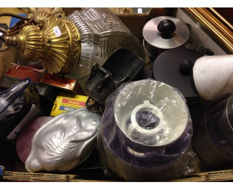 BOX OF LAMP SHADES AND KITCHENWARE   ETC T3