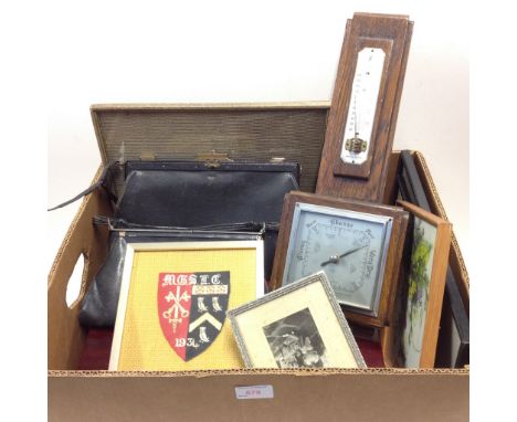 BOX WITH PICTURES, BAROMETER ETC.   