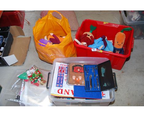 Two boxes of stationery, geometry set, soft toys etc.