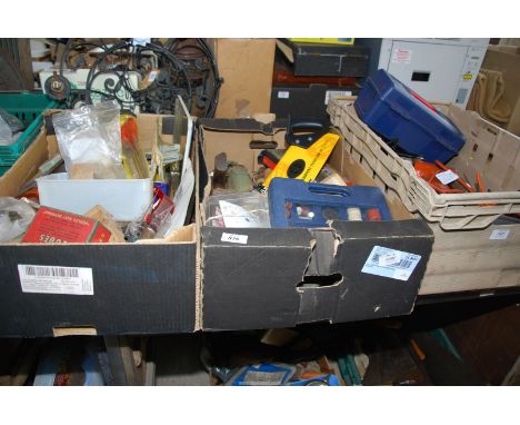 Three boxes containing electric drills, G clamps, jack plane, various old tins and car light bulbs.