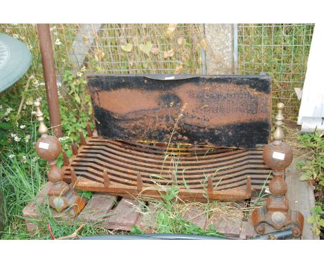 A cast iron fire grate and tray plus fire dogs, 3' high.