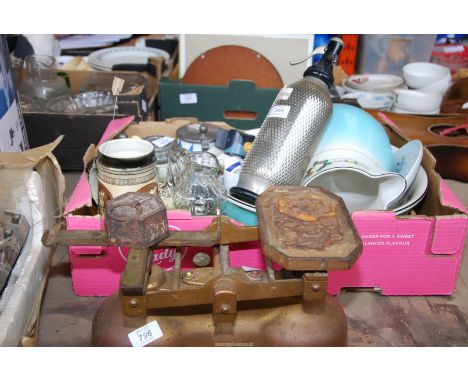 Miscellaneous items to include balance scales, wash bowl, basin, mixed china, soda siphon, camera etc.