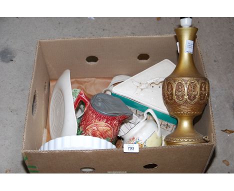 A box of mixed china including flan dish, cheese dish, plus table lamp, wick for oil lamp etc.