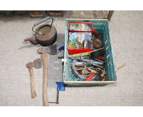 A quantity of miscellanea including small Record 135 sash clamps, tin of brass and steel screws, two axes, cast iron range ke