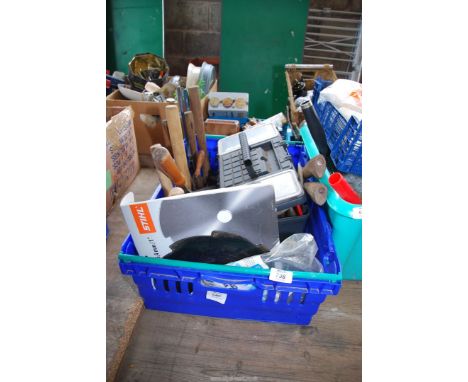 A quantity of hammers, hackers, tool box of spark plugs and tools etc.