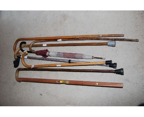 A quantity of walking stick, umbrella and level.