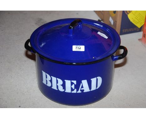 A blue enamel bread bin.