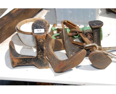 Shoe lasts, old mincer, lifting hooks and enamel ware.
