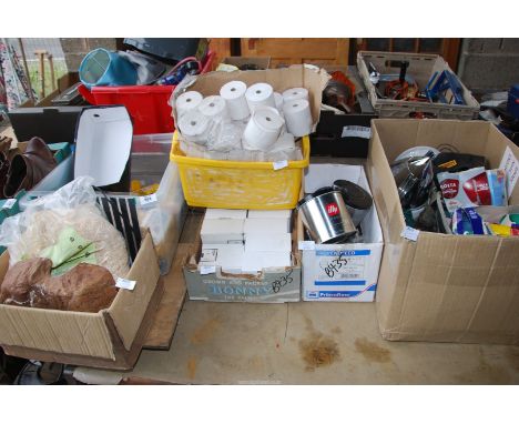 A box of sunblock, rolls/till tape, light fittings etc.