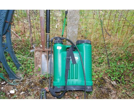 A knapsack sprayer, stainless steel spade (a/f), fork and shovel, a/f.