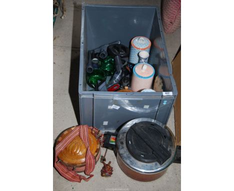 Walkie Talkies, wooden flask, saucepan, coloured glass etc.