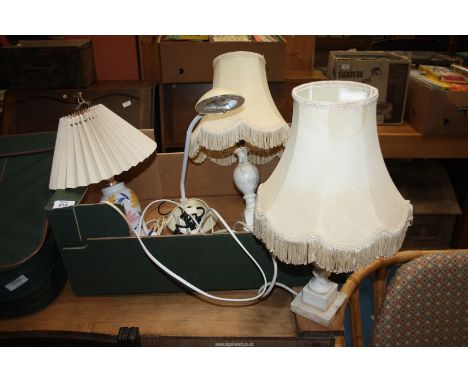 A pair of alabaster table lamps with shades, adjustable lamp etc.