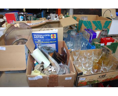 Miscellanea to include Kenwood multi food grinder, glass, boot jack, Haynes Manual, Astra ornaments, leather wallets/purses e