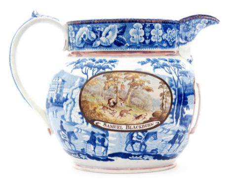 A large 19th Century water jug, possibly Leeds Pottery decorated in blue and white with an Italian Scenery transfer applied p