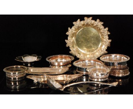 A small parcel lot of 19th Century assorted silver plated items to include six bottle coasters, a similar gilt example, two s