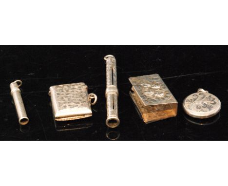 An Edwardian hallmarked silver propelling pencil with foliate engraved decoration, London 1901, another smaller engine turned