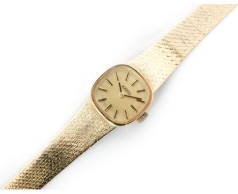 A 1970s Swiss ladies 14ct manual wind Roamer wrist watch, square champagne dial with gilt baton markers, case stamped and num