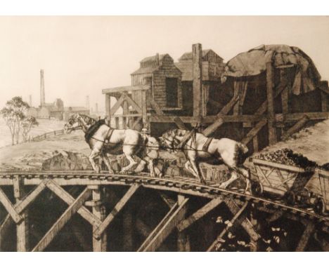 KENNETH HOLMES, ARCA (1902 - 1994) - A colliery scene with pit ponies pulling coal wagons, etching, signed in pencil, framed,
