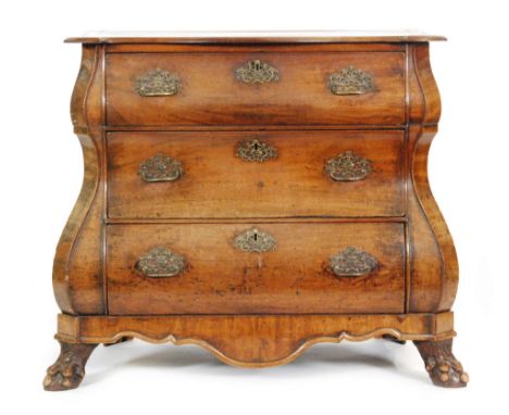 An 18th Century Dutch bombe fronted commode chest of three drawers, raised to lions paw feet, width across the feet 104cm, S/
