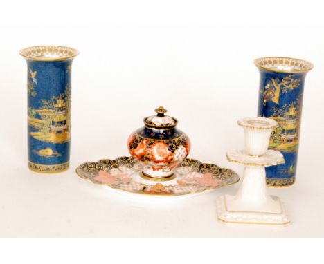 A late 19th Century Royal Crown Derby inkwell decorated in the Imari 2444 pattern, the globular body affixed to the stand, pr