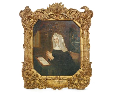  ENGLISH SCHOOL (EARLY 19TH CENTURY - Portrait of Margaret Beaufort, Countess of Richmond at prayer,oil on board, within elab