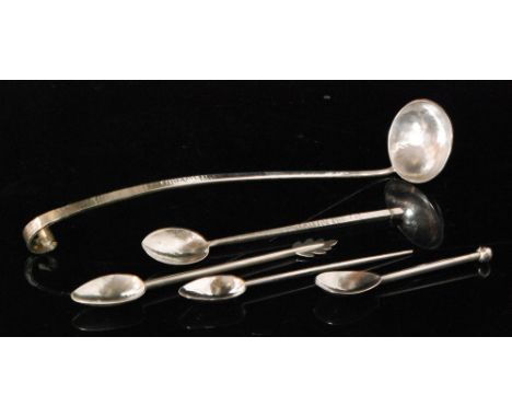 A contemporary hallmarked silver ladle with planished circular bowl and elongated handle with scroll terminal, length 26cm, w