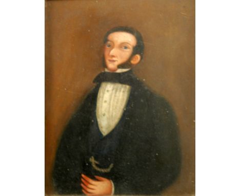 ENGLISH NAIVE SCHOOL (EARLY 19TH CENTURY) - Portrait of a gentleman wearing a black jacket, half length, oil on tin, framed, 