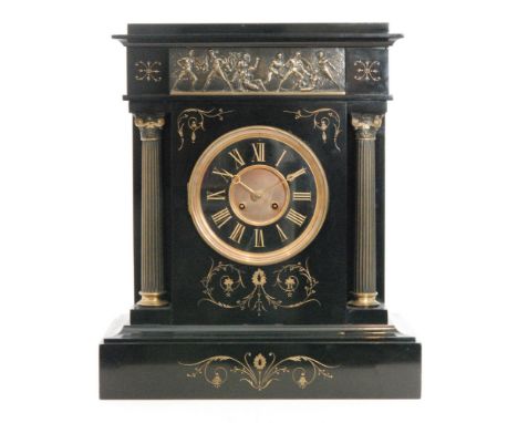 A late Victorian polished slate mantle clock, the case with classical style frieze panel depicting a gladiatorial scene, abov