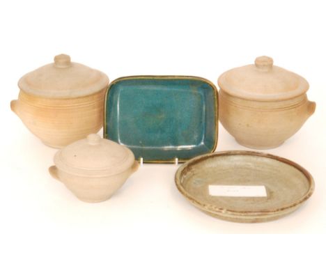 Two pieces of Yelland Pottery (Michael Leach) comprising a blue glaze rectangular dish and a circular stone coloured dish tog