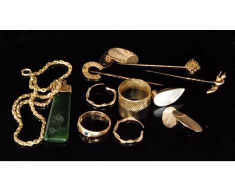 A 9ct mounted New Zealand jade or pounami pendant, a pair of Ivor T Holth guilloche enamel clip earrings, a pair of 9ct cuffl